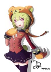  :d animal_hood bear_hood blonde_hair commentary_request dated female hood open_mouth red_eyes rilakkuma san-x signature skirt smile solo sylphine thighhighs 