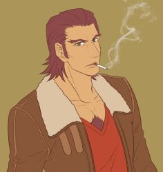  1boy antonio_lopez brown_hair chest_hair cigarette commentary_request dark-skinned_male dark_skin green_eyes male_focus simple_background smoking solo tiger_&amp;_bunny v-neck 