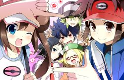  2girls 4boys :d ahoge bag baseball_cap bianca_(pokemon) black_hair blonde_hair blue_eyes brown_eyes brown_hair cheren_(pokemon) commentary_request double_bun glasses green_eyes green_hair hair_bun hat hugh_(pokemon) jacket kurot long_hair multiple_boys multiple_girls n_(pokemon) nate_(pokemon) one_eye_closed open_mouth pokemon pokemon_bw pokemon_bw2 raglan_sleeves red-framed_eyewear rosa_(pokemon) short_hair smile visor_cap 