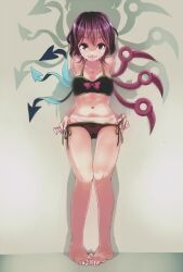  asymmetrical_wings barefoot bikini biyouki black_bikini bow collarbone commentary_request feet female full_body houjuu_nue knees_together_feet_apart legs_together looking_at_viewer navel pigeon-toed purple_eyes purple_hair shadow short_hair side-tie_bikini_bottom smile solo strap_pull swimsuit thigh_gap touhou untying wings 