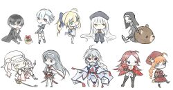  1boy 6+girls absurdres ahoge alice_(tales) artoria_pendragon_(fate) bad_link bear_head black_hair blazblue blue_eyes blue_hair braid breasts cape caren_hortensia character_request chibi chibibro cleavage darker_than_black eyepatch fate/extra fate/hollow_ataraxia fate/stay_night fate_(series) fin_e_ld_si_laffinty flower francis_drake_(fate) habit hair_flower hair_ornament hairband hat hei_(darker_than_black) highres long_hair lyrical_nanoha mahou_shoujo_lyrical_nanoha mahou_shoujo_lyrical_nanoha_a&#039;s medium_breasts multiple_girls nu-13 nun orange_hair purple_eyes rinne_no_lagrange saber_(fate) scabbard sheath shinatsuhiko_yae short_hair single_braid sword tales_of_(series) tales_of_symphonia tales_of_symphonia_knight_of_ratatosk very_long_hair vita_(nanoha) weapon white_hair yellow_eyes yozakura_quartet 