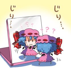  :3 ? artistic_error bad_id bad_pixiv_id bad_reflection bat_wings blue_hair blush chibi clenched_hands commentary_request confused detached_wings dress female fighting_stance hat hat_ribbon mini_person mini_wings minigirl mirror noai_nioshi reflection remilia_scarlet ribbon short_hair solo touhou v-shaped_eyebrows wings 