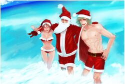  2boys bad_id bad_pixiv_id bandeau barnaby_brooks_jr. beach beard bikini breasts brown_hair christmas cleavage day facial_hair female fur_trim green_eyes hat highres jewelry large_breasts multiple_boys necklace one_eye_closed open_mouth outdoors pan2maru3e santa_bikini santa_claus santa_costume santa_hat smile swimsuit thigh_gap tiger_&amp;_bunny v water white_hair 