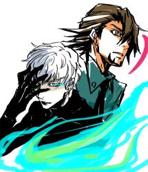  2boys ahirutaityooo bad_id bad_pixiv_id black_gloves blue_fire brown_eyes brown_hair fire gloves grey_hair hand_on_own_face kaburagi_t._kotetsu male_focus multiple_boys photoshop_(medium) prototype_design tiger_&amp;_bunny white_hair yuri_petrov 