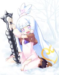  aoba_(kmnm3234) commentary_request female itezora_konayuki katanagatari lolicon long_hair open_mouth photoshop_(medium) pink_eyes planted planted_sword sitting smile snow snowing solo sword very_long_hair wariza weapon white_hair winter 