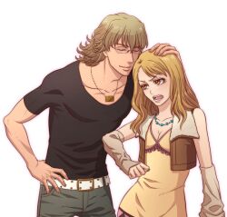  1boy belt blonde_hair blush brown_eyes closed_eyes commentary_request detached_sleeves dress female hand_on_another&#039;s_head jewelry karina_lyle long_hair necklace shirt studded_belt t-shirt tiger_&amp;_bunny vest 