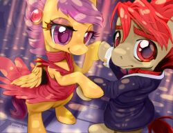  2012 clothed clothing dancing date detailed_background dress duo equid equine feathered_wings feathers female feral friendship_is_magic fur hair hasbro hinoraito looking_at_viewer male mammal my_little_pony mythological_creature mythological_equine mythology orange_body orange_feathers pegasus pink_eyes pink_hair ponryu prom purple_eyes quadruped red_eyes red_hair scootaloo_(mlp) smile suit tail wings yellow_body yellow_fur young young_feral 