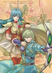  1boy armor blue_eyes blue_hair cape commentary_request earrings eirika_(fire_emblem) female fire_emblem fire_emblem:_the_sacred_stones green_eyes green_hair innes_(fire_emblem) jewelry qgame rapier red_legwear sword thighhighs weapon 