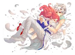  1boy back_bow bishoujo_senshi_sailor_moon bishoujo_senshi_sailor_moon_supers bishounen bow brown_eyes chibi_usa closed_eyes commentary_request cone_hair_bun double_bun feathers female full_body hair_bun helios_(sailor_moon) hug juuban_elementary_school_uniform long_hair miaspice pants pink_hair sailor_collar school_uniform shirt shoes smile twintails white_background white_hair white_sailor_collar 