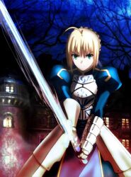  ahoge armor armored_dress artist_request artoria_pendragon_(fate) blonde_hair castle dress excalibur_(fate/stay_night) fate/zero fate_(series) female gauntlets green_eyes hair_ribbon invisible_air_(fate) official_art ribbon saber_(fate) solo sword weapon 