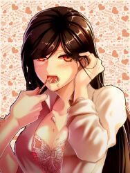  adjusting_hair bad_id bad_pixiv_id blush breasts brown_hair brushing_teeth cleavage female foam happy_valentine heart ktsis large_breasts long_hair open_mouth original red_eyes sleeves_rolled_up toothbrush valentine 