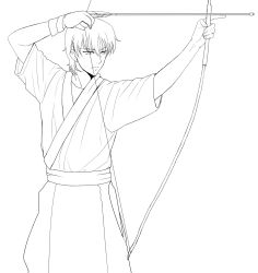  1boy archery arrow_(projectile) bow_(weapon) commentary_request drawing_bow fate/zero fate_(series) gilgamesh_(fate) gloves greyscale highres holding holding_arrow holding_bow_(weapon) holding_weapon japanese_clothes kyuudou line_art male_focus monochrome partially_fingerless_gloves photoshop_(medium) seojung short_hair single_glove solo weapon yugake yumi_(bow) 