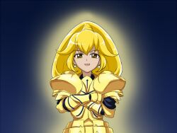  an-bl armor blonde_hair color_connection commentary_request cosplay crossed_arms cure_peace earrings fate/stay_night fate/zero fate_(series) female gilgamesh_(fate) gilgamesh_(fate)_(cosplay) hair_flaps jewelry long_hair precure season_connection smile_precure solo yayoi_kise yellow_eyes yellow_theme 