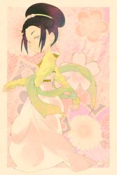  artist_request avatar:_the_last_airbender avatar_legends black_hair chinese_clothes dress female flower grey_eyes hair_bun hairband single_hair_bun solo toph_bei_fong 