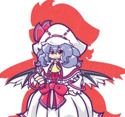  adenine_(artist) alternate_wings ascot bat_wings bow bracelet capelet commentary_request curiosities_of_lotus_asia dress female hat jewelry long_hair long_skirt long_sleeves purple_hair red_eyes remilia_scarlet skirt smile solo touhou white_dress wings 