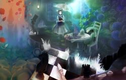  alice_in_wonderland bishop_(chess) black_hair blue_eyes board_game book chair checkered chess chess_piece commentary_request feline female flower gin_ji hat hydrangea photoshop_(medium) rabbit rook_(chess) rose teapot top_hat umbrella 