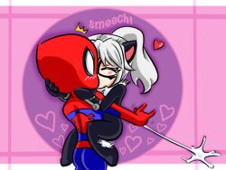  1boy black_cat_(marvel) blush bodysuit chibi closed_eyes felicia_hardy female fur heart kissing marvel mask peter_parker purple_background spider-man spider-man_(series) white_hair 