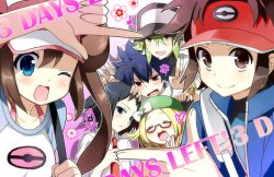  ahoge bad_link bag baseball_cap bianca_(pokemon) black_hair blonde_hair blue_eyes brown_eyes brown_hair cheren_(pokemon) double_bun glasses green_eyes green_hair hair_bun hat hugh_(pokemon) jacket kurot long_hair multiple_boys multiple_girls n_(pokemon) nate_(pokemon) one_eye_closed pokemon pokemon_bw pokemon_bw2 raglan_sleeves rosa_(pokemon) short_hair smile visor_cap 