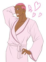  1boy bathrobe collarbone commentary_request dark-skinned_male dark_skin earrings eyeshadow flat_color hand_on_own_hip heart jewelry lipstick makeup male_focus nathan_seymour one_eye_closed pectorals pink_eyes pink_hair simple_background solo tiger_&amp;_bunny white_background 