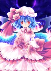  anna_(small_night) bat_wings blue_flower blue_hair blue_rose bouquet bow cloud commentary_request dress eclipse embellished_costume female flower hat hat_bow hat_flower long_sleeves looking_at_viewer night photoshop_(medium) pink_dress red_eyes red_flower red_rose remilia_scarlet rose short_hair sky solar_eclipse solo touhou wide_sleeves wings 