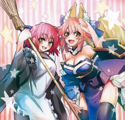  2girls animal_ears apron bow breasts broom cleavage commentary_request company_connection detached_sleeves fate/extra fate_(series) fox_ears fox_girl fox_tail hair_ribbon hairbow highres japanese_clothes kimono kohaku_(tsukihime) multiple_girls oerba_yun_fang open_mouth pink_hair red_hair ribbon short_hair smile star_(symbol) tail taishi_(picchiridou) tamamo_(fate) tamamo_no_mae_(fate/extra) thighhighs tsukihime twintails type-moon yellow_eyes 