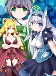  3girls black_dress blonde_hair blue_background blue_eyes blue_hair breasts commentary_request corset crossed_arms dodonpachi dodonpachi_saidaioujou dress green_eyes highres hikari_(saidaioujou) honeycomb_(pattern) honeycomb_background leotard leqz5945 long_hair maid_headdress maria_(saidaioujou) medium_breasts multiple_girls puffy_sleeves red_eyes red_legwear red_leotard short_hair shuri_(saidaioujou) skirt smile thighhighs white_hair 