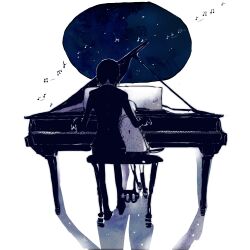  1boy bad_id bad_pixiv_id beamed_eighth_notes black_hair braid eighth_note female from_behind grand_piano height_difference instrument kneehighs knife leaning leaning_on_person long_hair long_sleeves madotsuki monochrome music musical_note night night_sky photoshop_(medium) piano piano_bench playing_instrument playing_piano sekomumasada_sensei shadow sitting sky socks suzuen twin_braids twintails weapon white_background yume_nikki 