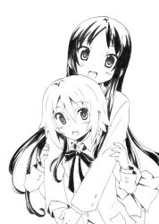  2girls akiyama_mio blush commentary_request greyscale hairband hime_cut k-on! long_hair monochrome multiple_girls nome_(nnoommee) sakuragaoka_high_school_uniform school_uniform simple_background tainaka_ritsu uniform unworn_hairband unworn_headwear 