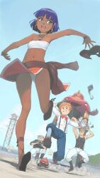  2girls 3boys akinbo_(hyouka_fuyou) bad_id bad_pixiv_id bandeau blue_eyes bob_cut boots bow bowtie bracelet brown_hair cabbie_hat closed_eyes controller dark-skinned_female dark_skin day dress dress_shirt dust dutch_angle earrings flying from_below full_body fushigi_no_umi_no_nadia glasses grandis_granva gratan_(nadia) green_eyes hair_ornament hairclip hand_on_headwear hanson_(nadia) hat hat_tug highres holding hoop_earrings jewelry king_(nadia) kite lifting lion loincloth long_legs midriff military military_vehicle motor_vehicle multiple_boys multiple_girls muscular nadia_la_arwall navel neck_ring necklace open_mouth outdoors panties pantyshot petticoat photoshop_(medium) purple_hair red_hair remote_control remote_control_vehicle running shirt short_hair sky smile strapless sunbathing suspenders tank tank_top throwing tower tube_top underwear undressing vest 