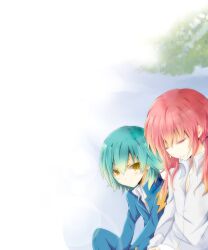  2boys aqua_hair closed_eyes commentary_request inazuma_eleven_(series) inazuma_eleven_go kariya_masaki kirino_ranmaru male_focus multiple_boys photoshop_(medium) pink_hair shirt white_shirt yellow_eyes yuzuki000 