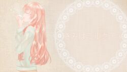  bad_id bad_pixiv_id beige_background closed_eyes drinking ebisu_kana female from_side highres long_hair megurine_luka profile simple_background solo upper_body vocaloid wavy_hair 