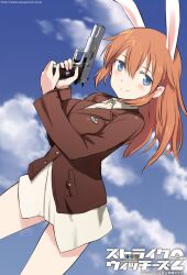  animal_ears blue_eyes blue_sky charlotte_e._yeager cloud cowboy_shot day dutch_angle female gun handgun holding holding_gun holding_weapon jacket light_smile long_hair looking_at_viewer m1911 military military_jacket military_uniform no_pants official_art orange_hair promotional_art rabbit_ears rabbit_girl shimada_fumikane sky solo standing strike_witches trigger_discipline uniform weapon world_witches_series 