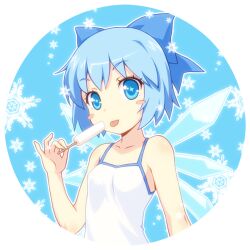  bare_shoulders blue_bow blue_eyes blue_hair blush_stickers bow cirno commentary_request female food hairbow popsicle short_hair snowflakes solo tongue touhou upper_body wings yamasan 