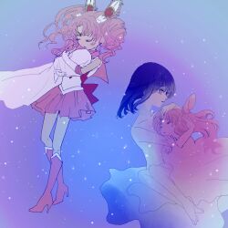  2girls baby back_bow bishoujo_senshi_sailor_moon bishoujo_senshi_sailor_moon_s boots bow chibi_usa closed_eyes commentary_request cone_hair_bun hair_bun holding hug knee_boots magical_girl messy_hair multiple_girls pink_footwear pink_sailor_collar sailor_chibi_moon sailor_collar sailor_senshi_uniform short_hair spoilers time_paradox tomoe_hotaru topless twintails zaza415 