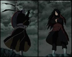  2boys armor bansho_fan black_hair cloak deviantart_thumbnail fan luis_sebastian mask multiple_boys naruto naruto_shippuuden ninja red_eyes rinnegan sharigan sharingan the_masked_man_(naruto) thunder tobi uchiha_madara uchiha_madara_(edo_tensei) 