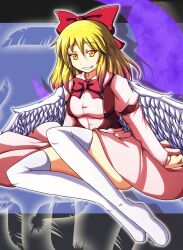  bad_id bad_pixiv_id blonde_hair bow bowtie demon female gengetsu_(touhou) grin red_bow short_hair sitting smile solo thighhighs thighs touhou touhou_(pc-98) vest white_thighhighs wings yoshida_tatsumi 