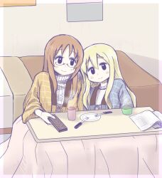  2girls bad_id bad_pixiv_id blonde_hair brother_tomita brown_hair commentary_request fork k-on! kotatsu kotobuki_tsumugi long_hair multiple_girls plate sitting table teacher_and_student yamanaka_sawako yuri 