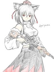  animal_ears commentary_request cyrillic dragunov_svd female gun hat holding holding_gun holding_weapon inubashiri_momiji red_eyes rifle russian_text sniper_rifle solo tachi_(mtd) tokin_hat touhou traditional_media translated trigger_discipline weapon weapon_name white_hair wolf_ears 