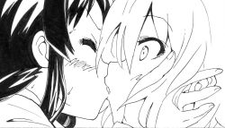  2girls akiyama_mio blush commentary_request greyscale hairband k-on! kissing monochrome multiple_girls nome_(nnoommee) sakuragaoka_high_school_uniform school_uniform simple_background tainaka_ritsu uniform unworn_hairband unworn_headwear yuri 