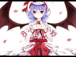  ascot bad_id bad_pixiv_id bat_wings bow capelet curiosities_of_lotus_asia female hat hat_ribbon letterboxed long_hair long_sleeves looking_at_viewer purple_hair red_eyes remilia_scarlet ribbon shouen_kigashi simple_background smile solo touhou wings 