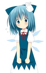  blue_eyes blue_hair blush cirno clothes_grab commentary_request cowboy_shot cursor disembodied_hand female flying_sweatdrops headpat looking_down no_nose oniku_(shimofuri-ke) short_hair simple_background solo_focus touhou white_background wings 