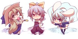  3girls animal_ears blazer blonde_hair chibi commentary_request eating food fruit hair_ribbon hat jacket kuromiya long_hair multiple_girls necktie peach ponytail purple_hair rabbit_ears red_eyes reisen_(touhou_bougetsushou) ribbon shawl short_hair siblings sisters skirt sword thighhighs touhou watatsuki_no_toyohime watatsuki_no_yorihime weapon yellow_eyes 