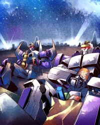  1980s_(style) astrotrain bad_id bad_pixiv_id bag burger city coca-cola decepticon energon energy food groceries ice_cream lights mecha night no_humans resting retro_artstyle robot science_fiction searchlight skywarp soda star_(sky) transformers transformers:_generation_1 yfm_(mrk) 