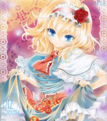  alice_margatroid artist_name blonde_hair blue_dress blue_eyes border breasts capelet cherry commentary_request covered_nipples dress eyelashes female fingernails flower food fruit garter_straps gradient_background hair_flower hair_ornament hairband lace lace_border light_smile looking_at_viewer medium_breasts nail_polish oekaki_narizumi ornate_border sample_watermark sash short_hair skirt_basket solo touhou watermark 