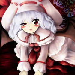  bad_id bad_pixiv_id blush_stickers bracelet capelet curiosities_of_lotus_asia dress female flower hat hat_ribbon jewelry official_style open_mouth parody purple_hair red_eyes remilia_scarlet ribbon solo style_parody tntn touhou white_dress zun_(style) 