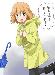  :o amelie_planchard blonde_hair blush boots closed_umbrella female green_eyes open_mouth pantyhose raincoat rubber_boots solo strike_witches:_katayoku_no_majo-tachi sweatdrop translated umbrella umbrella_stand world_witches_series yellow_raincoat youkan 