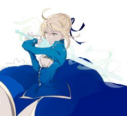  artoria_pendragon_(fate) blonde_hair commentary_request dress excalibur_(fate/stay_night) fate/zero fate_(series) female green_eyes hair_ribbon heima00 highres invisible_air_(fate) ribbon saber_(fate) solo sword weapon 