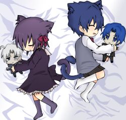  3boys aged_down ahoge animal_ears bed_sheet blue_hair blush bow bowtie brother_and_sister brothers carnival_phantasm cat_ears character_doll closed_eyes commentary_request dress family fate/zero fate_(series) father_and_son female formal kemonomimi_mode matou_byakuya matou_kariya matou_sakura matou_shinji multiple_boys purple_hair ribbon siblings sleeping stuffed_toy suit tail wavy_hair white_hair ximsol182 