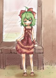  aged_down bare_shoulders bow commentary_request dress female green_eyes green_hair hairbow hakano_shinshi kagiyama_hina short_hair skirt_hold smile solo touhou 