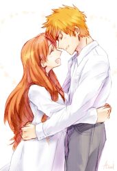  1boy bad_id bad_pixiv_id bleach breasts closed_eyes couple dress female inoue_orihime kurosaki_ichigo long_hair medium_breasts muraosa_(conjecture) orange_hair smile straight 